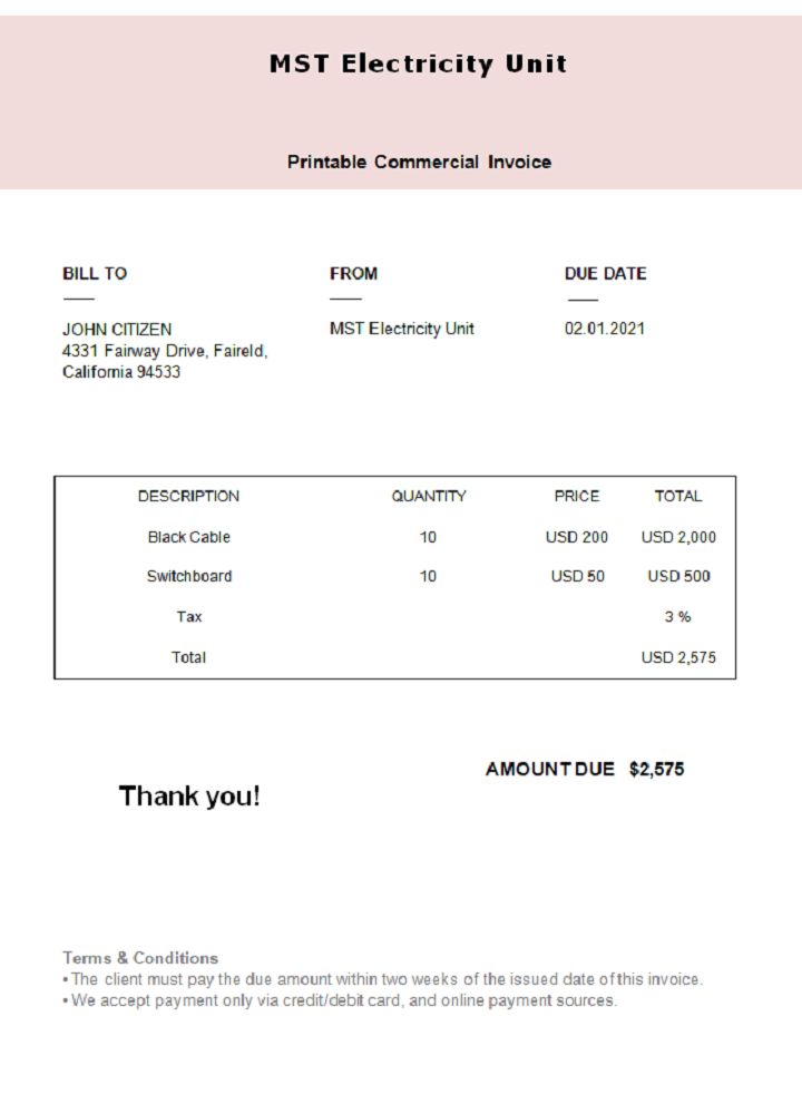 USA MST Electricity Unit invoice PSD template